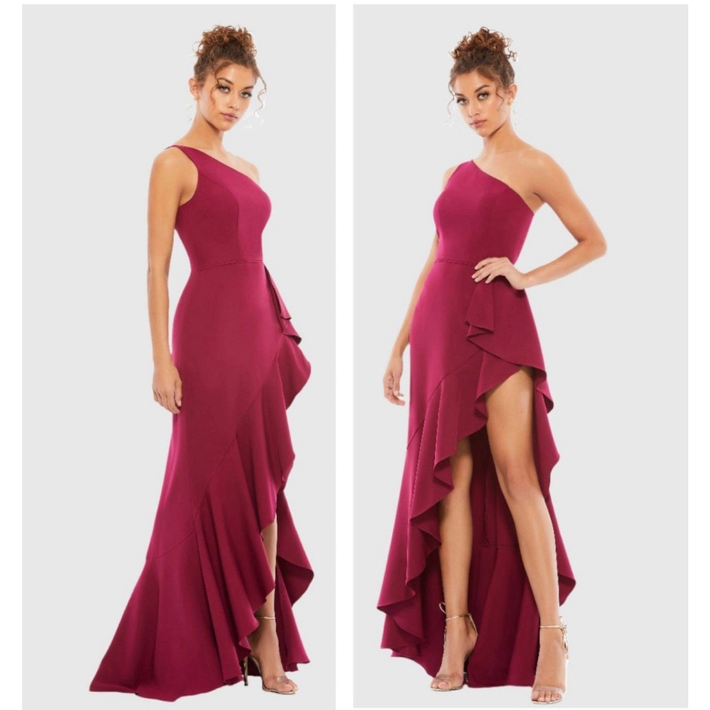 Women's Mac Duggal One Shoulder Ruffle High-Low Dress in Burgundy, Size 4